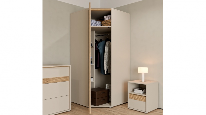Гардероб Векслин ъглови пясък с дъб маувела - изглед 2 - МебелМаг Гардероб Векслин ъглови пясък с дъб маувела - изглед 2
