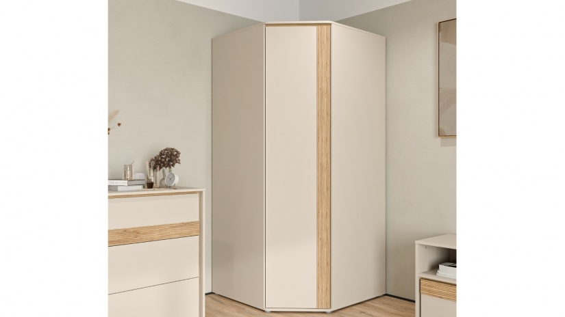 Гардероб Векслин ъглови пясък с дъб маувела - изглед 1 - МебелМаг Гардероб Векслин ъглови пясък с дъб маувела - изглед 1