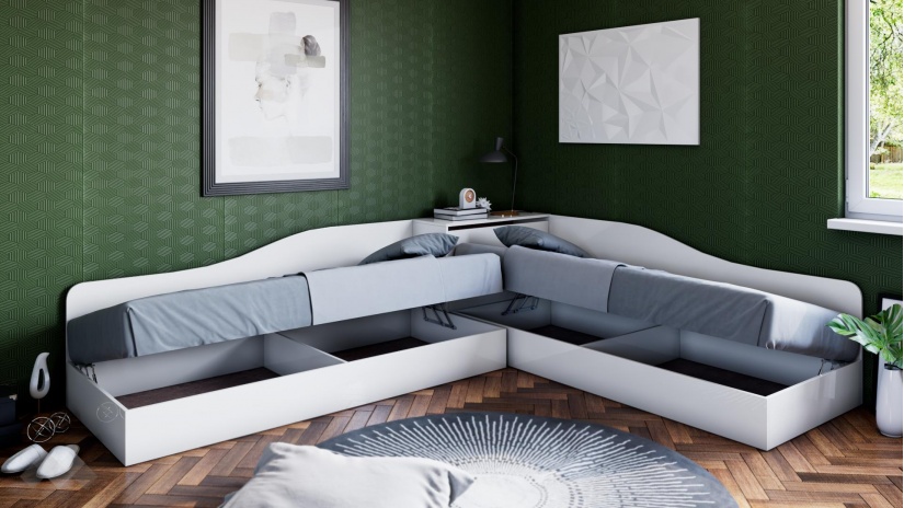 Ъглови легла 82/190 Шайн с включени матраци Бонел 82/190 бял гланц - изглед 2 - МебелМаг Ъглови легла 82/190 Шайн с включени матраци Бонел 82/190 бял гланц - изглед 2