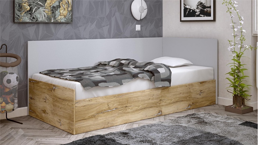 Ъглово легло 90/200 Селтик с включен матрак Бонел 90/200 келтски дъб със светло сиво - изглед 1 - МебелМаг Ъглово легло 90/200 Селтик с включен матрак Бонел 90/200 келтски дъб със светло сиво - изглед 1