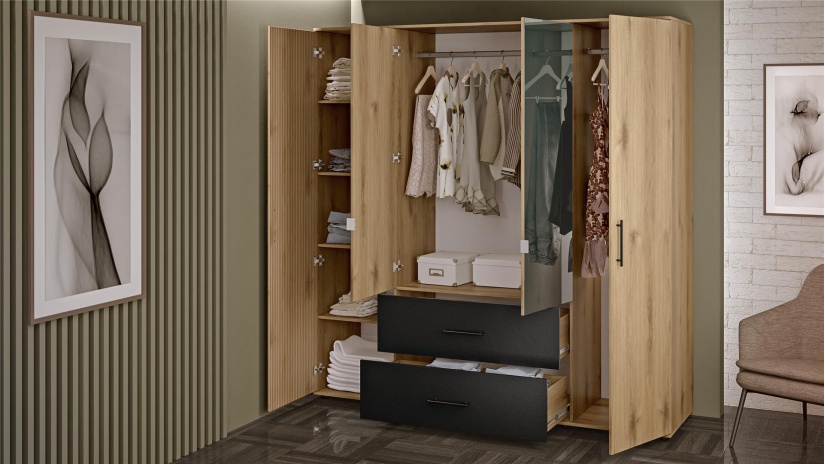 Гардероб Ламела четирикрилни дъб канела с дъб ламела и черно шагре - изглед 2 - МебелМаг Гардероб Ламела четирикрилни дъб канела с дъб ламела и черно шагре - изглед 2