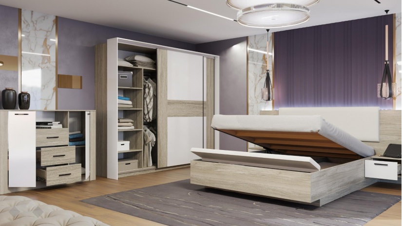 Спален комплект Дарк с включен матрак Бонел 160/200 дъб ойстър с бял гланц - изглед 2 - МебелМаг Спален комплект Дарк с включен матрак Бонел 160/200 дъб ойстър с бял гланц - изглед 2