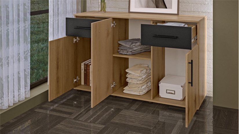 Спален комплект Ламела Л1 дъб канела с дъб ламела и черно шагре - изглед 6 - МебелМаг Спален комплект Ламела Л1 дъб канела с дъб ламела и черно шагре - изглед 6