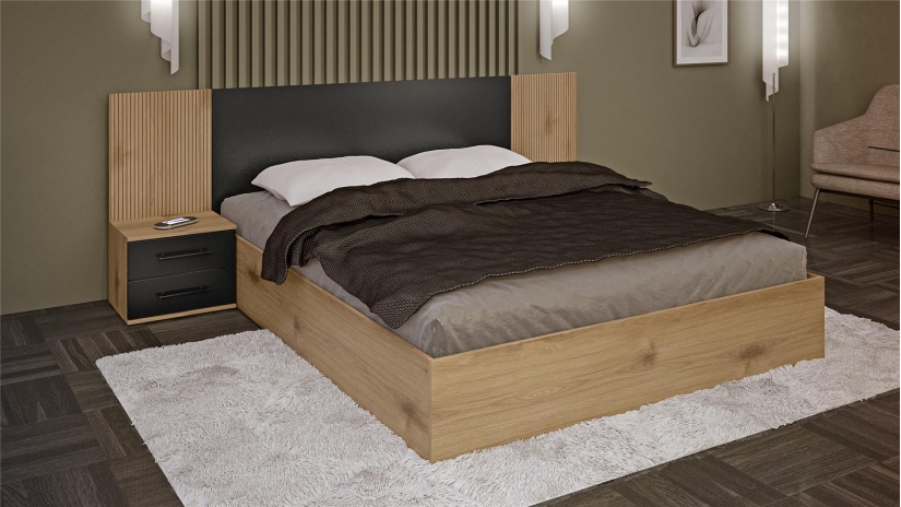 Спален комплект Ламела Л1 дъб канела с дъб ламела и черно шагре - изглед 3 - МебелМаг Спален комплект Ламела Л1 дъб канела с дъб ламела и черно шагре - изглед 3