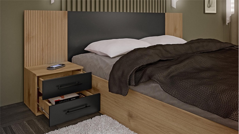 Спален комплект Ламела Л1 дъб канела с дъб ламела и черно шагре - изглед 4 - МебелМаг Спален комплект Ламела Л1 дъб канела с дъб ламела и черно шагре - изглед 4