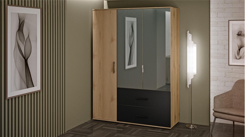 Гардероб Ламела трикрилни дъб канела с дъб ламела и черно шагре - изглед 1 - МебелМаг Гардероб Ламела трикрилни дъб канела с дъб ламела и черно шагре - изглед 1