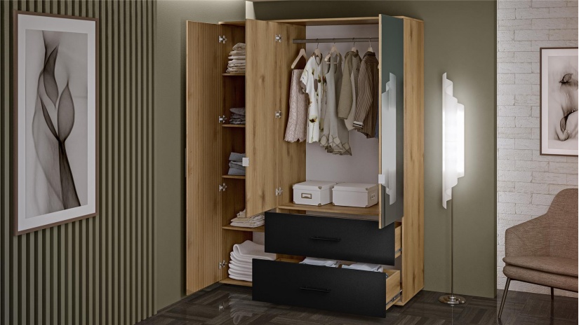 Гардероб Ламела трикрилни дъб канела с дъб ламела и черно шагре - изглед 2 - МебелМаг Гардероб Ламела трикрилни дъб канела с дъб ламела и черно шагре - изглед 2