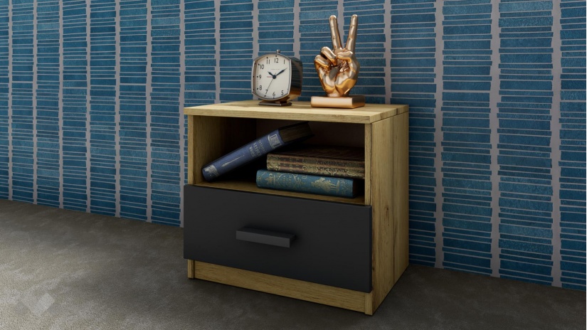 Нощен шкаф Малена светъл вотан с антрацит - изглед 1 - МебелМаг Нощен шкаф Малена светъл вотан с антрацит - изглед 1