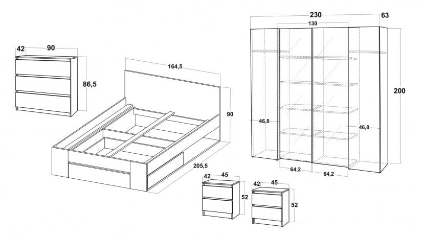 Спален комплект Лорис дъб кремона с бял гланц - изглед 2 - МебелМаг Спален комплект Лорис дъб кремона с бял гланц - изглед 2